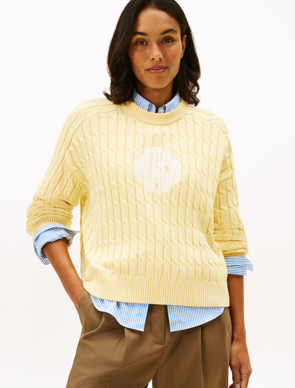 Logo Embroidery Relaxed Cable Knit Jumper, Zesty Yellow, hi-res