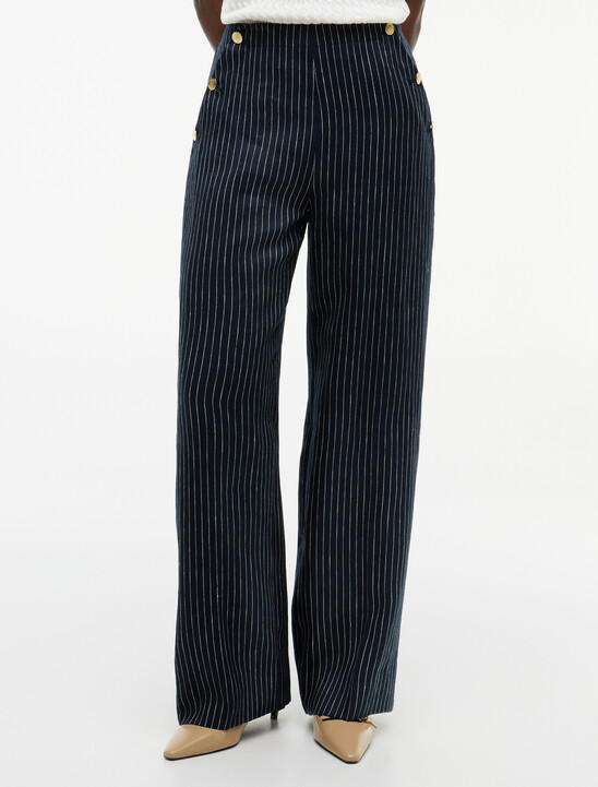 Pinstripe Gold-Tone Button Wide Leg Trousers With Linen