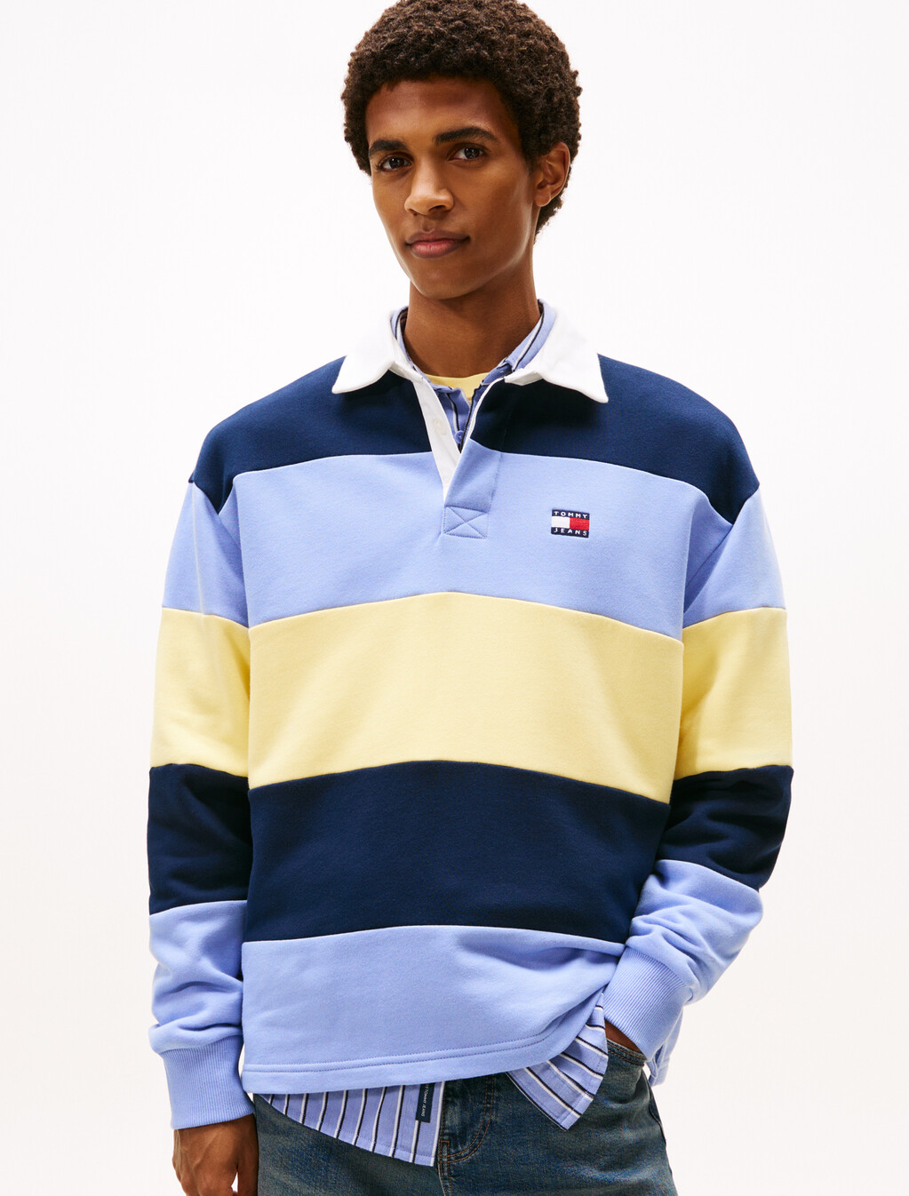 Tommy Badge Stripe Relaxed Rugby Shirt, D N Navy/Nordic Iris/Citronella, hi-res