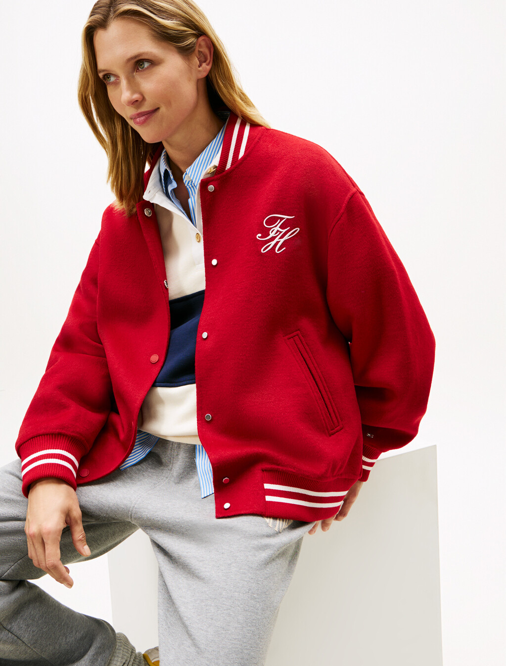 Double-Faced Wool Blend Bomber Jacket, Primary Red, hi-res