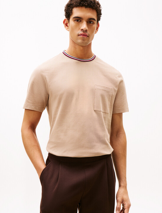 Stripe Trim Cotton Pique Pocket T-Shirt
