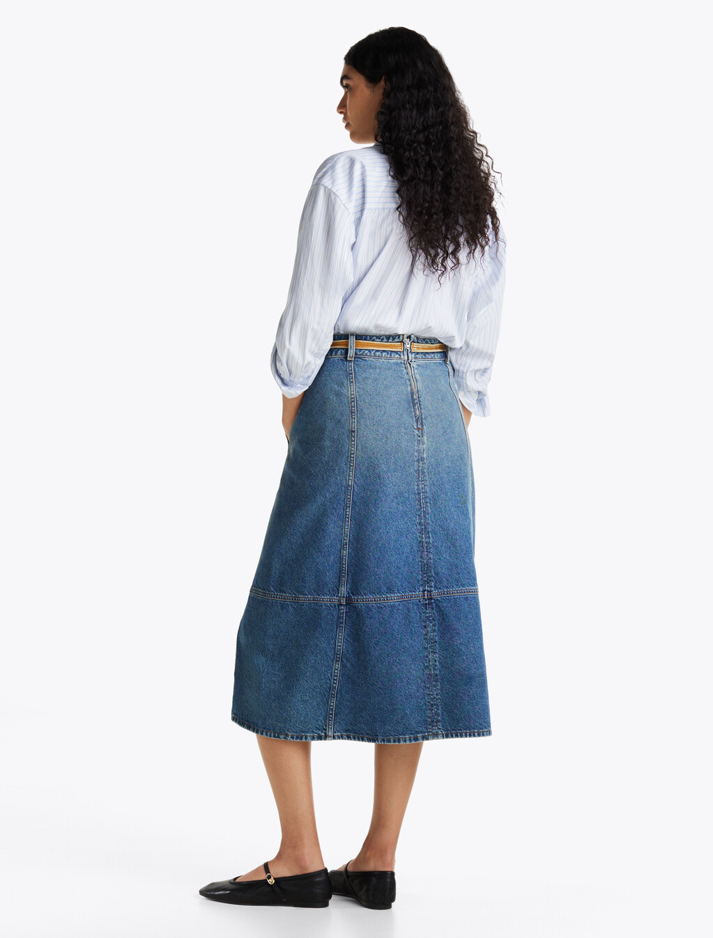Leather Detail Denim A-Line Midi Skirt, Bo, hi-res