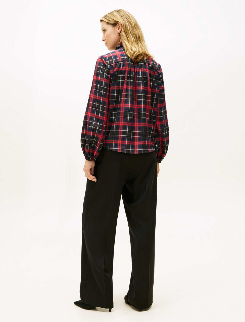 Tartan Crepe Bow Collar Blouse, Dark Tartan Dark Night Navy, hi-res