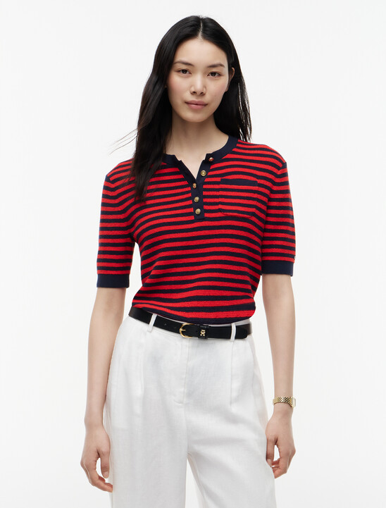 Gold-Tone Button Henley Short Sleeve Jumper