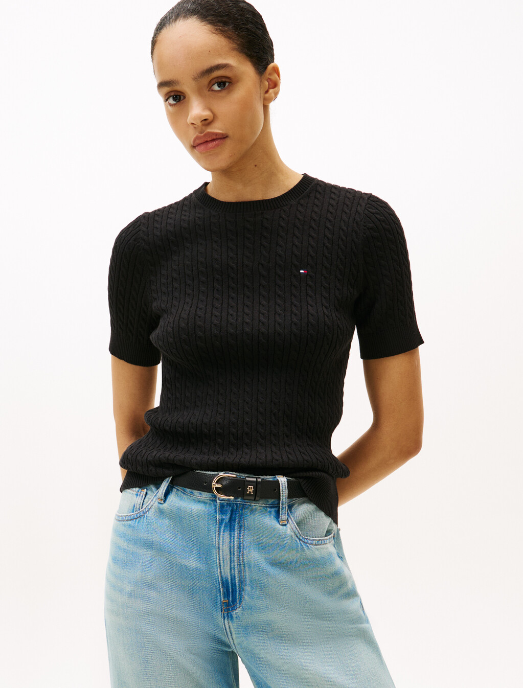 Cable Knit Short Sleeve Sweater, Black, hi-res