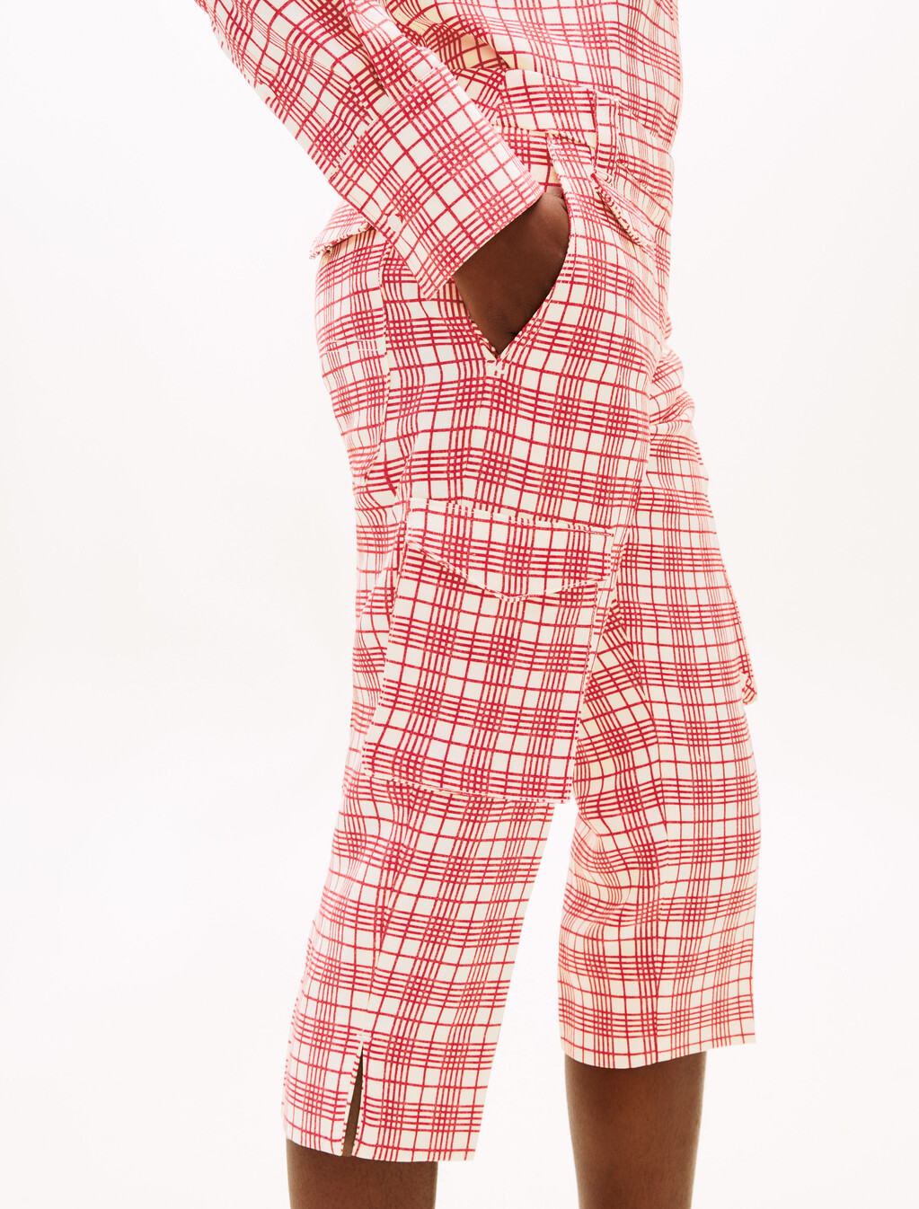 The Runway Collection Slim Check Cargo Trousers, Cream/Red Check, hi-res