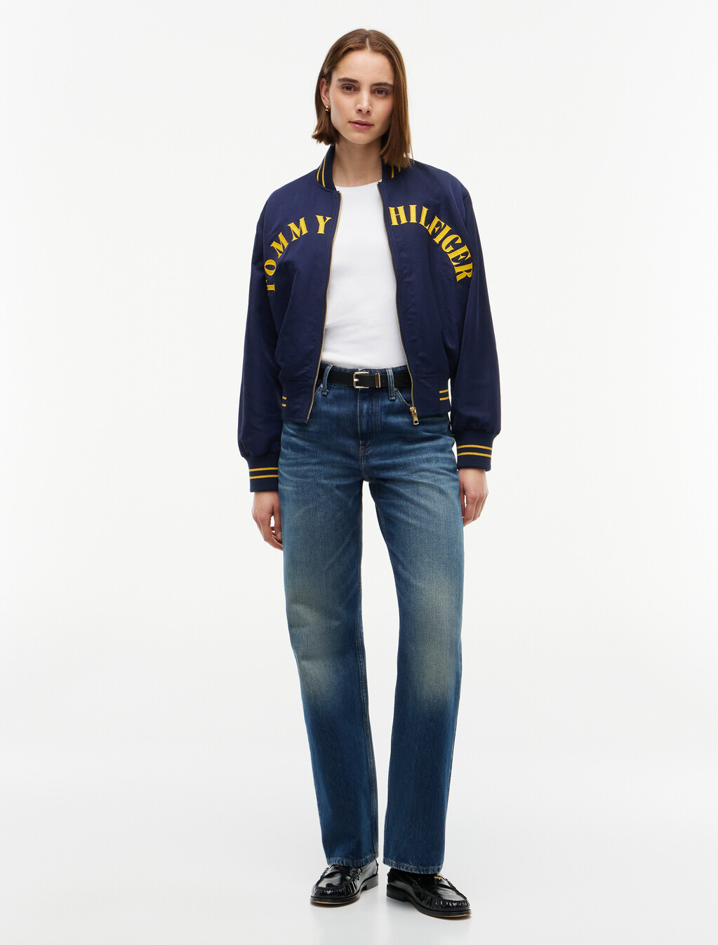 Arch Logo Satin Relaxed Varsity Jacket, Dark Blue, hi-res