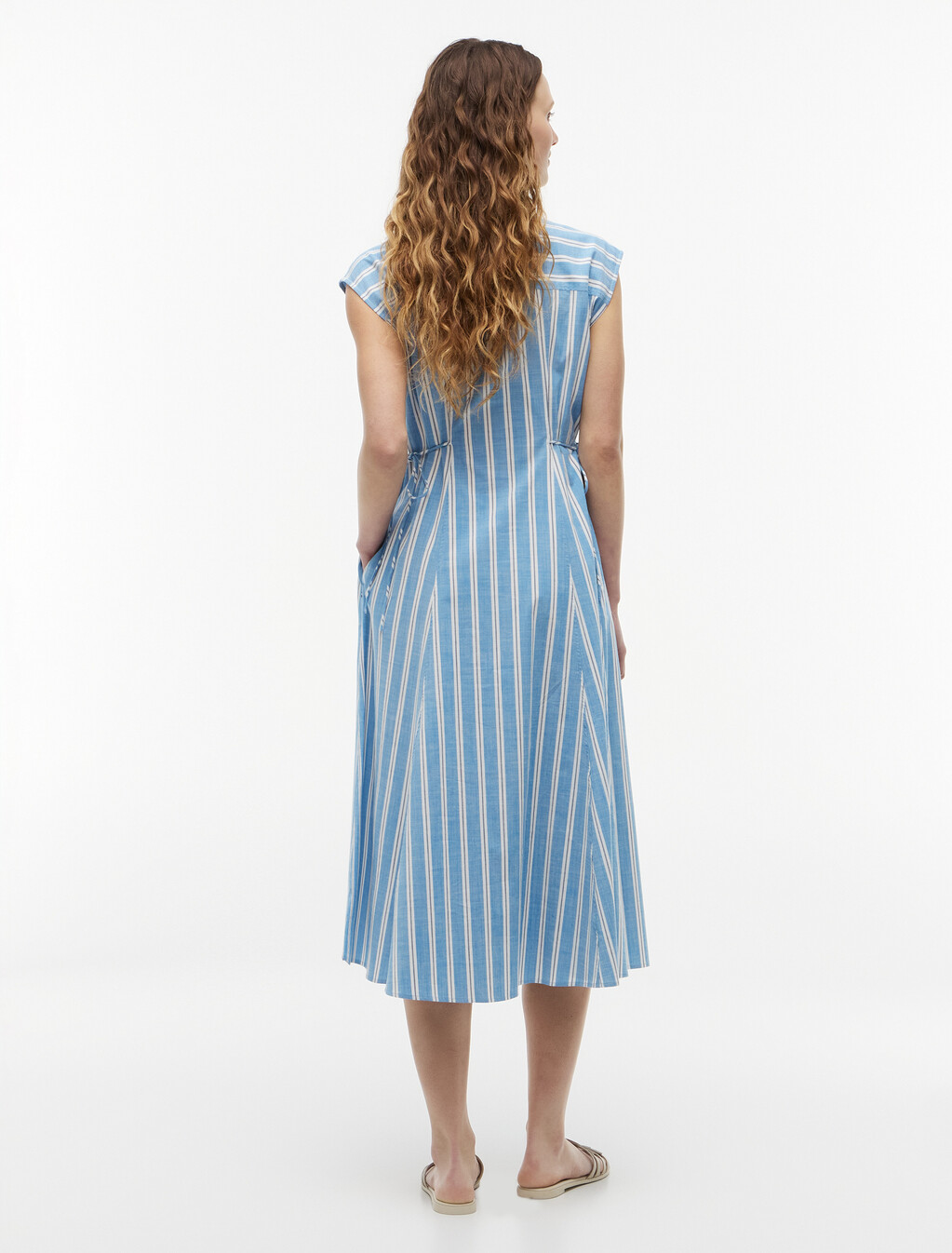 Tie Detail Cap Sleeve Midi Shirt Dress, Liquorice Stripe Breeze Blue, hi-res