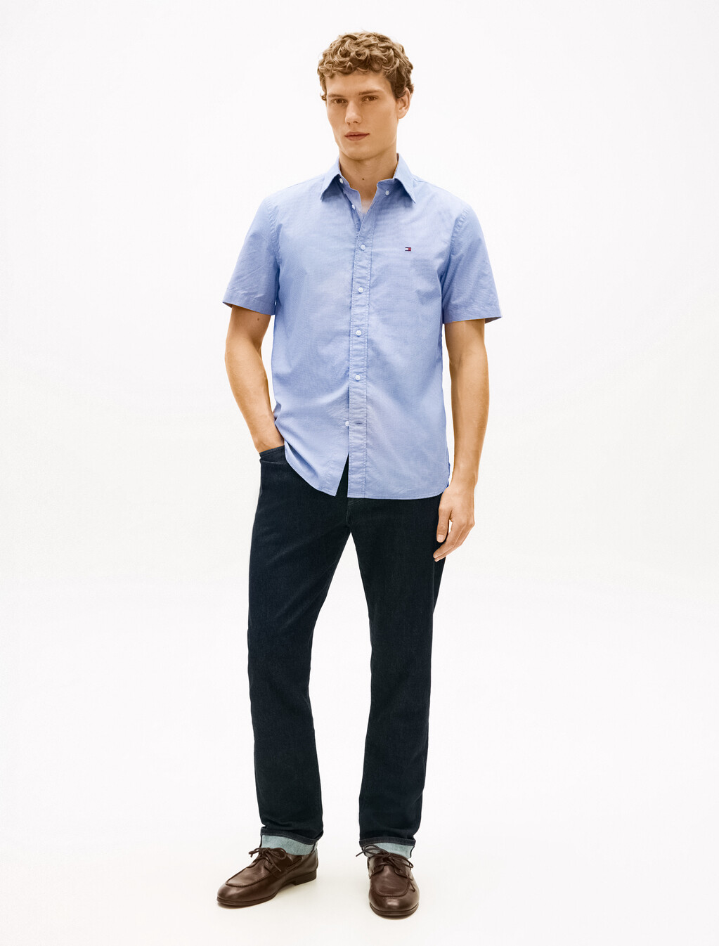 Flex Poplin Houndstooth Short Sleeve Shirt, Wedge Blue / Check, hi-res