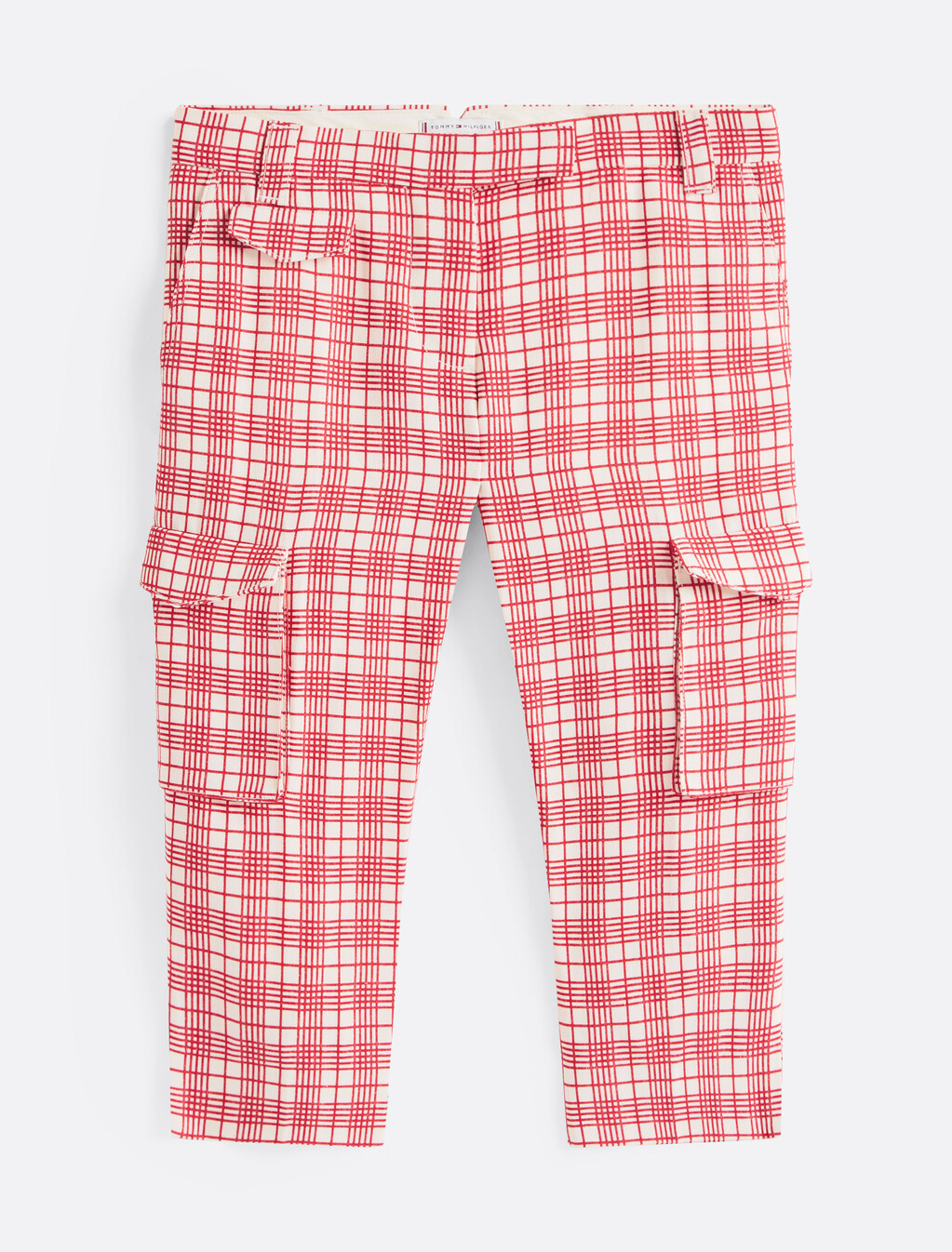 The Runway Collection Slim Check Cargo Trousers, Cream/Red Check, hi-res