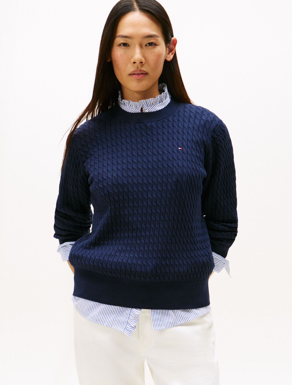 Fine Cable Knit Crew Neck Jumper, Dark Night Navy Gs Tipping, hi-res