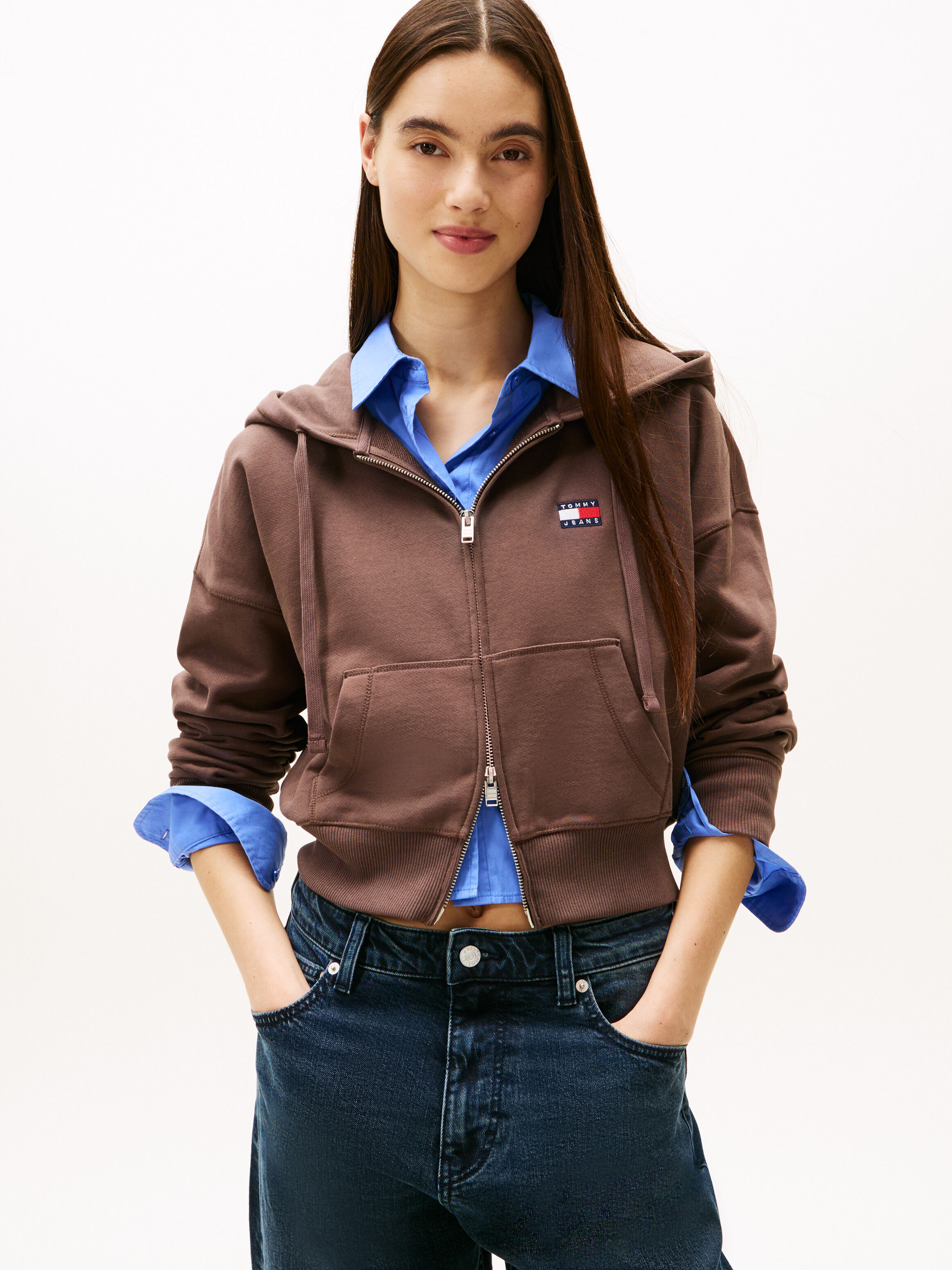 Boxy Cropped Zip Thru Hoodie | brown | Tommy Hilfiger Singapore