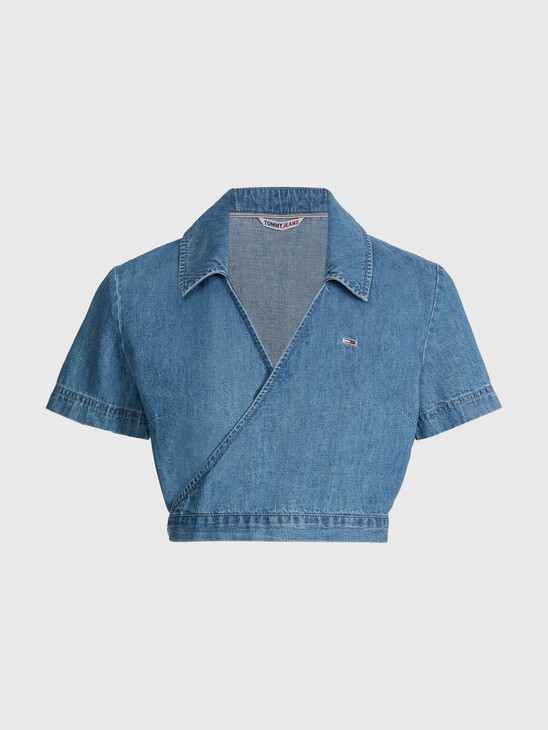 CHAMBRAY CROPPED SHORT SLEEVE WRAP SHIRT