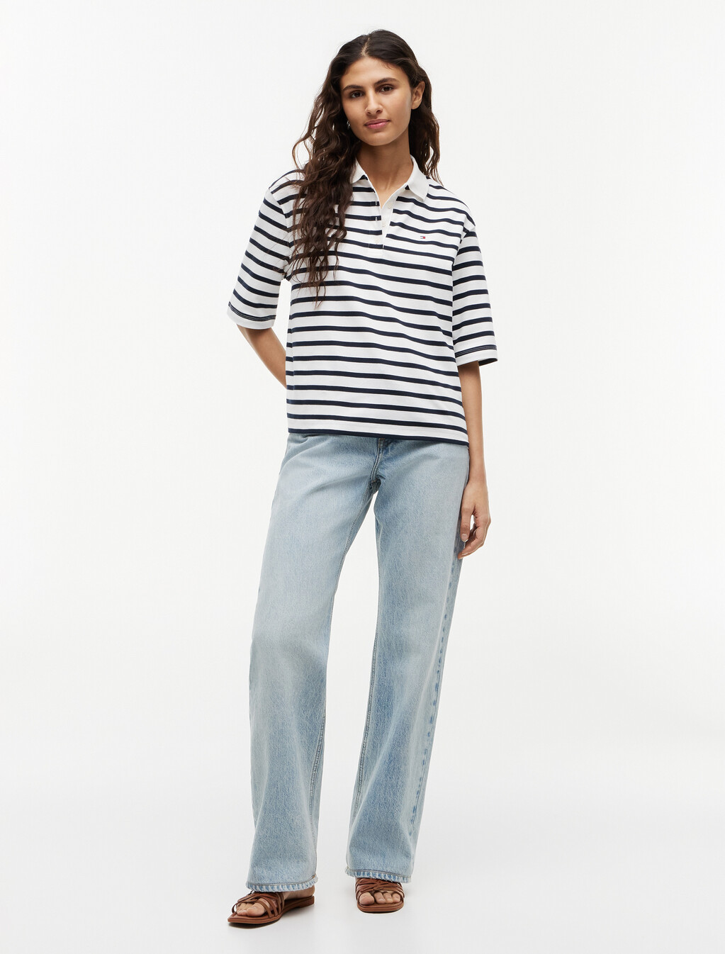 Relaxed Fit Interlock Knit Polo Shirt, Breton Stripe Ecru/Dark Night Navy, hi-res