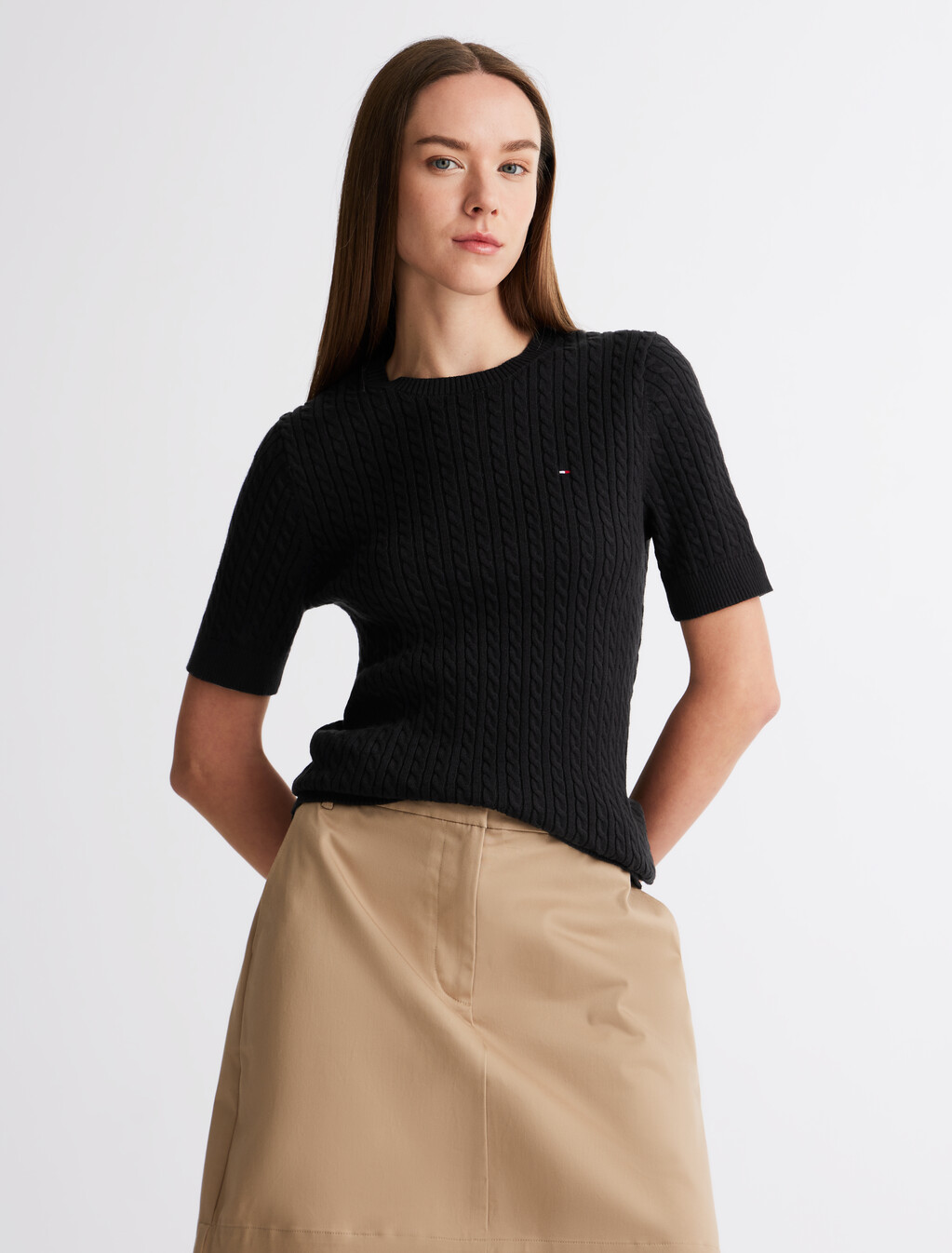 Cable Knit Short Sleeve Sweater, Black, hi-res