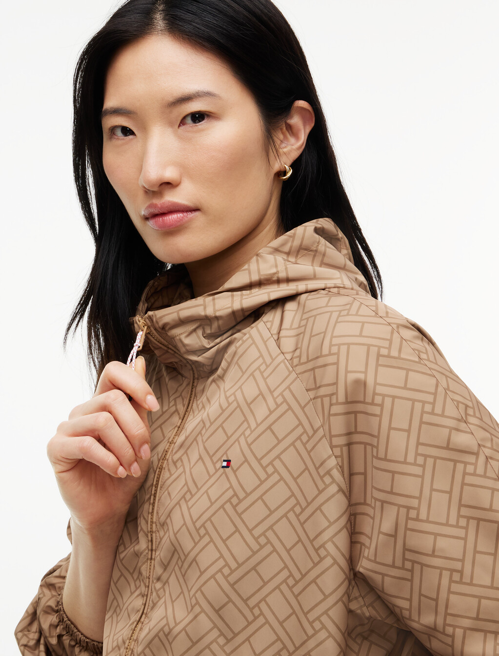 Relaxed Hooded Zip-Thru Windbreaker, Beige Monogram Flag, hi-res