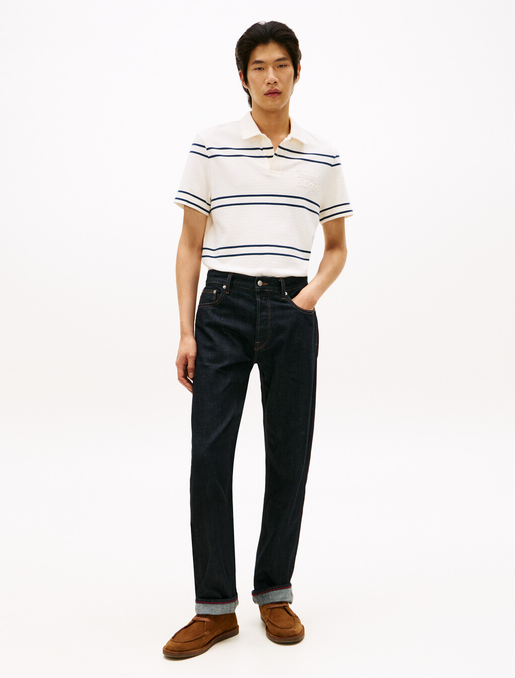 Reverse Terry Embossed Logo Polo, Ivory Petal / Pitch Blue, hi-res