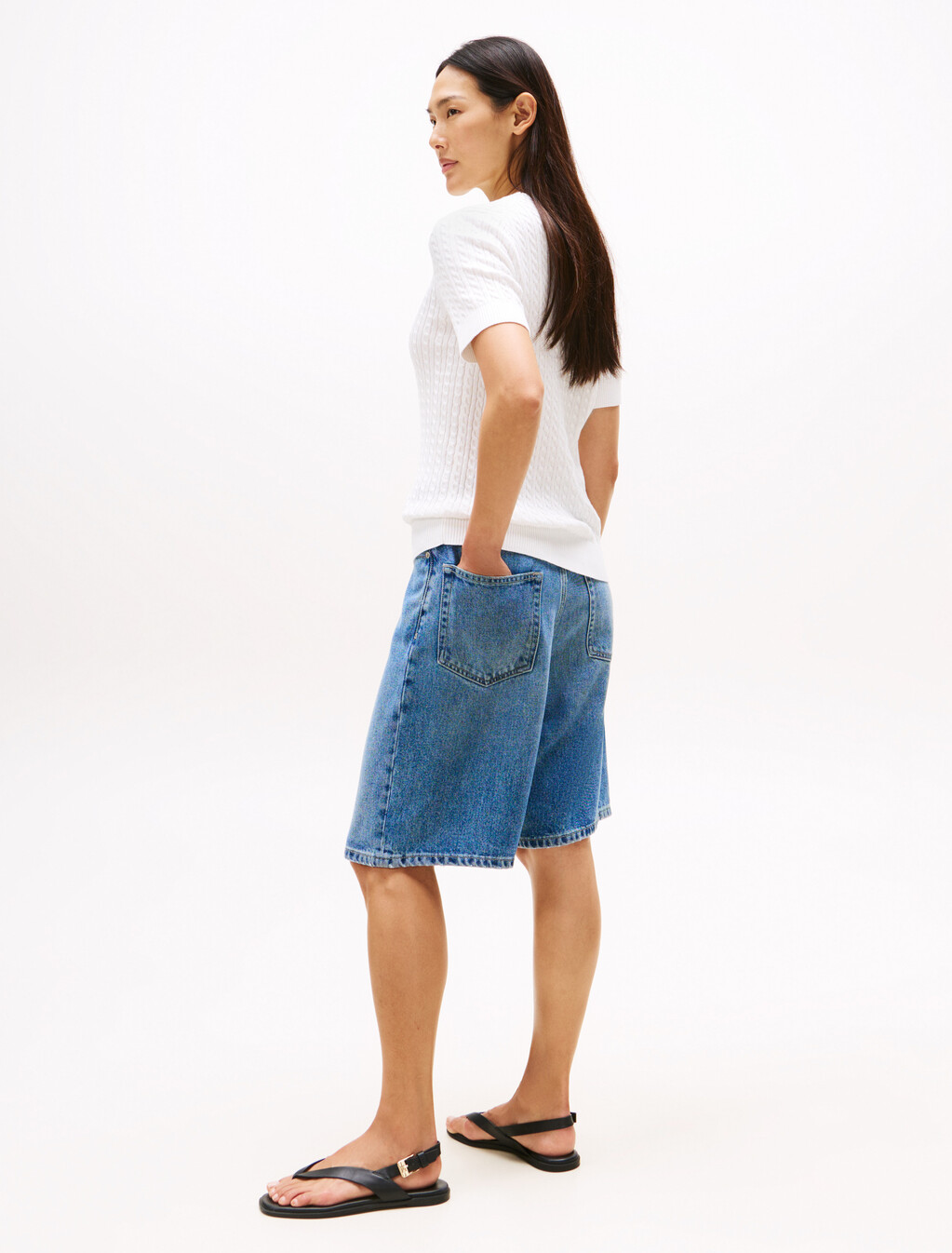 Cable Knit Short Sleeve Sweater, Ecru, hi-res