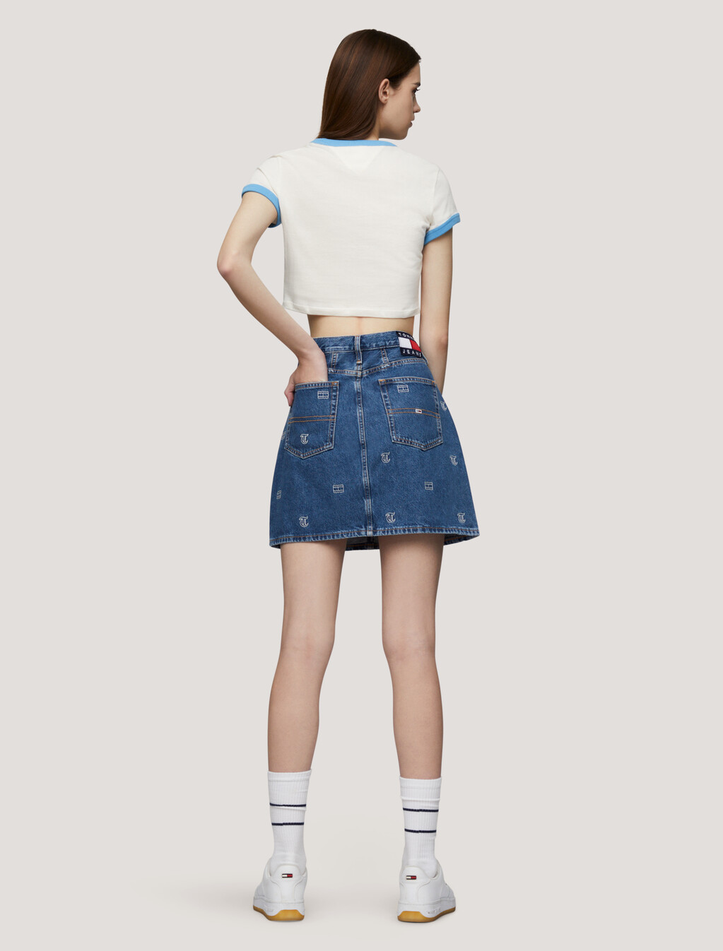 Embroidered Logo Ultra-High Rise Mom Skirt, Denim Medium, hi-res