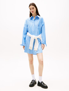Oversized Mini Shirt Dress, Ecru / Blue Stripe, hi-res