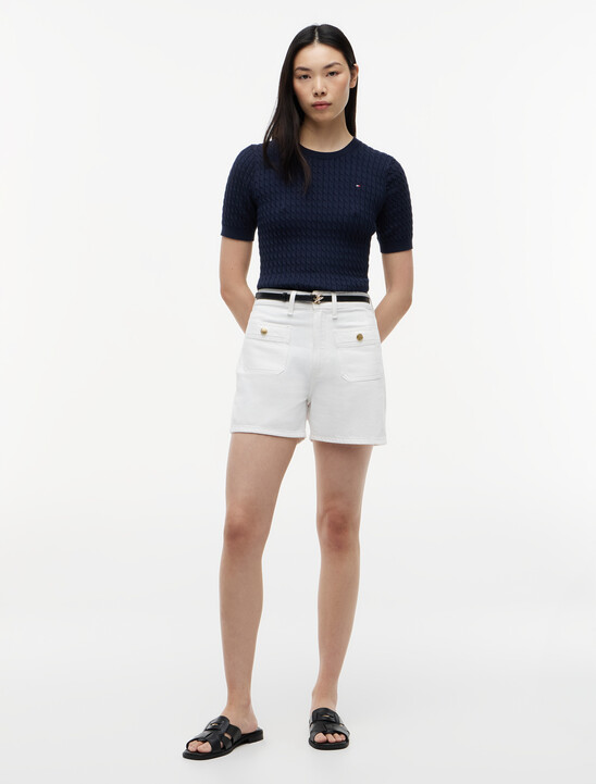 Fine Gauge Cable Knit Short Sleeve Jumper