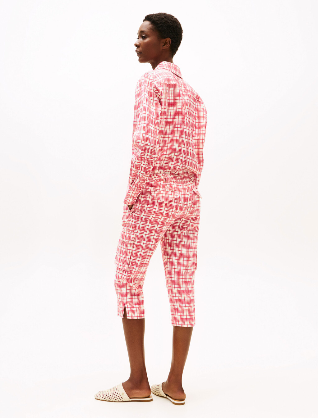 The Runway Collection Slim Check Cargo Trousers, Cream/Red Check, hi-res