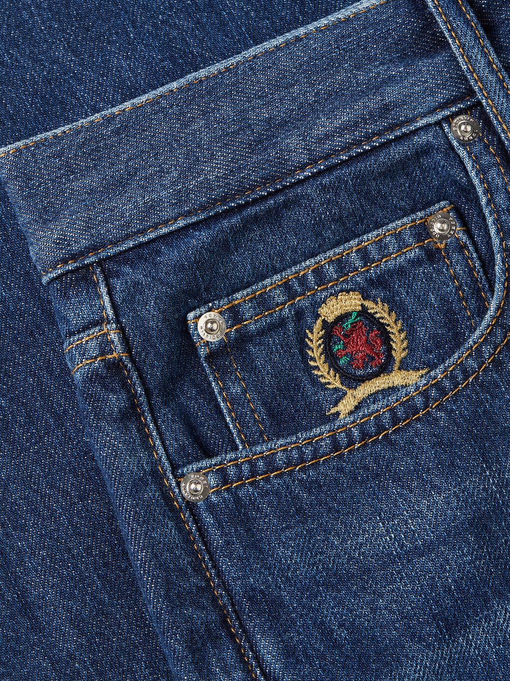 Crest Embroidery Faded Relaxed Jeans, Indigo, hi-res