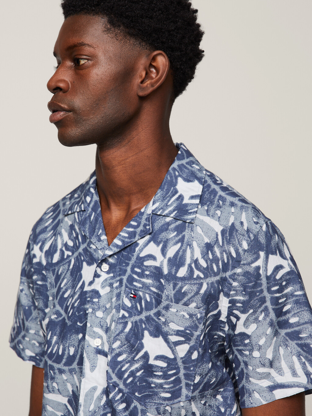 Tropical Print Linen Regular Short Sleeve Shirt, Basic Navy / Multi, hi-res