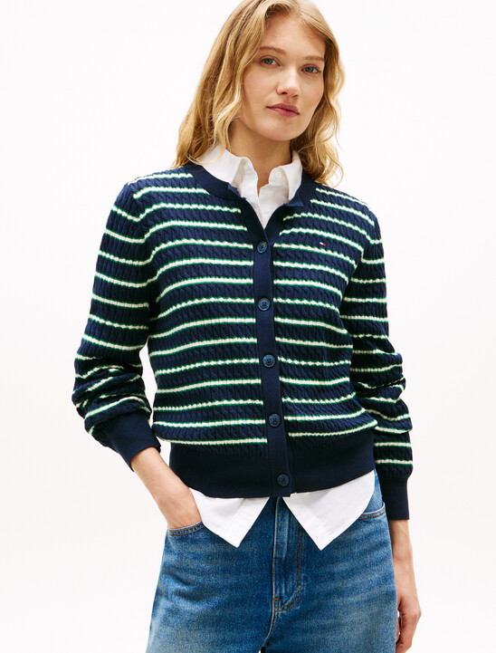 Fine Cable Knit Crew Neck Cardigan