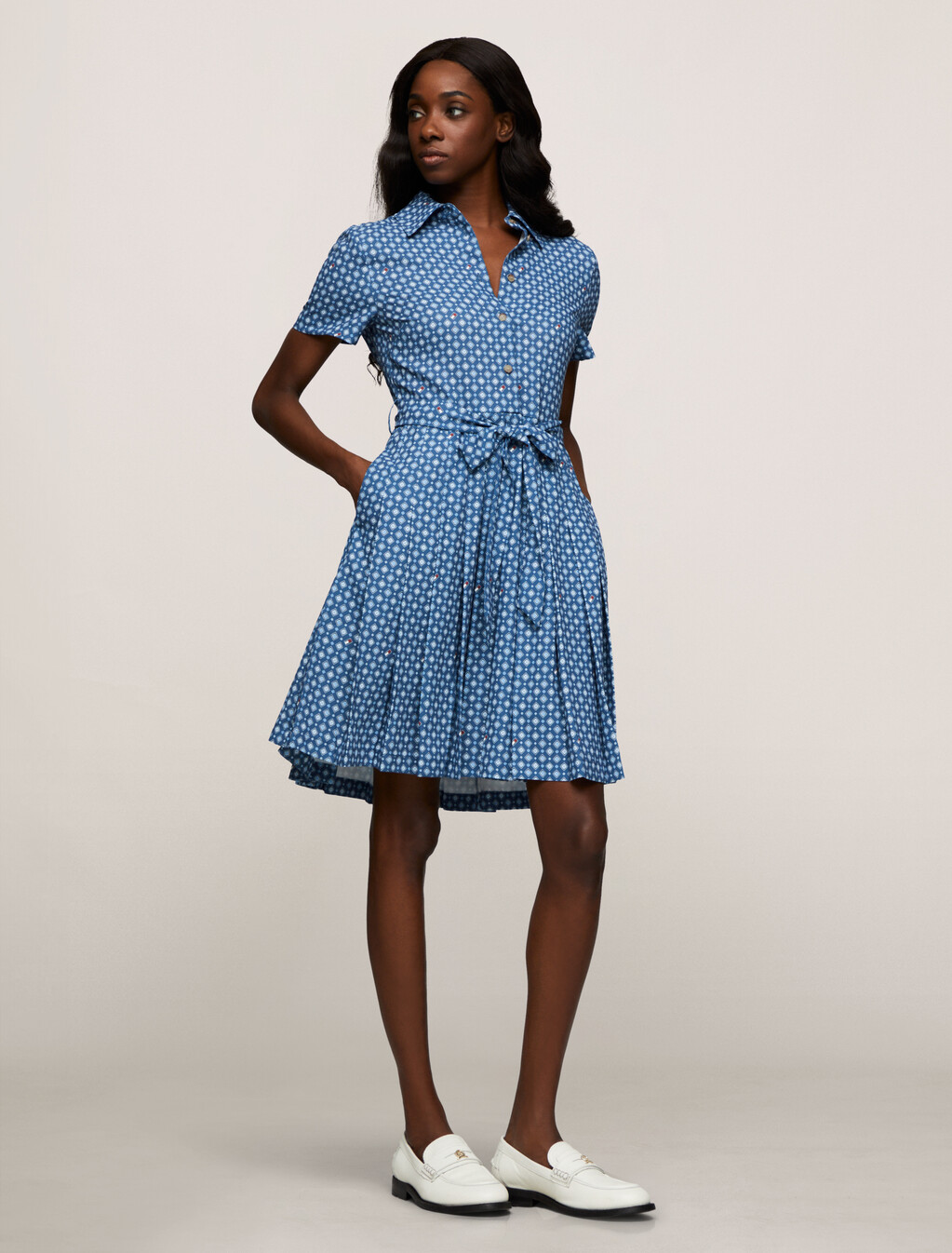 Foulard Pleat Shirt Dress, Heritage Foulard/ Fossil Blue, hi-res