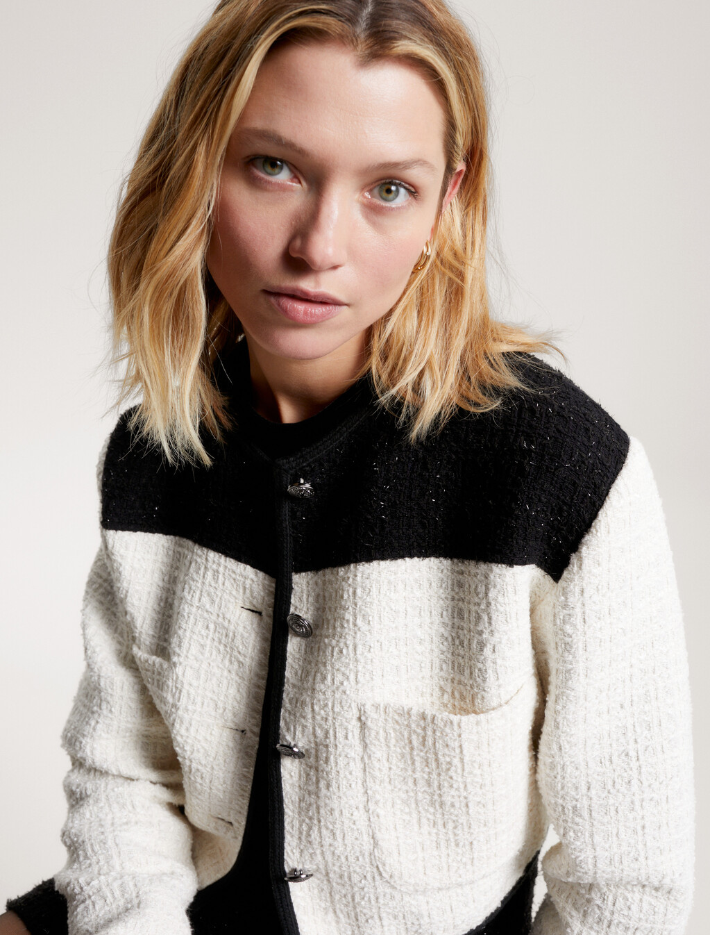 Two Tone Cropped Tweed Jacket, Ecru / Black Colorblock, hi-res