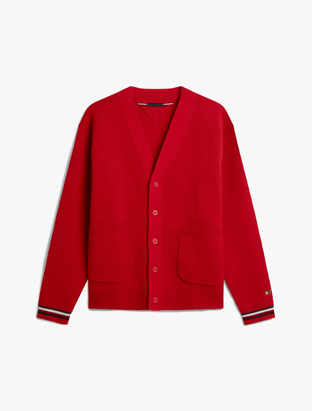 Jacquard V Neck Cardigan, Arizona Red, hi-res