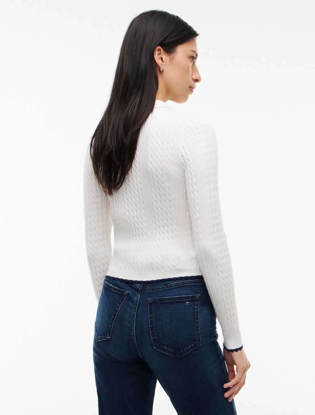 Micro Cable Knit Slim Polo Jumper, Off White, hi-res