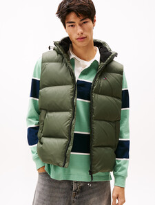 Down Hooded Zip-Thru Vest, Pewter Green, hi-res