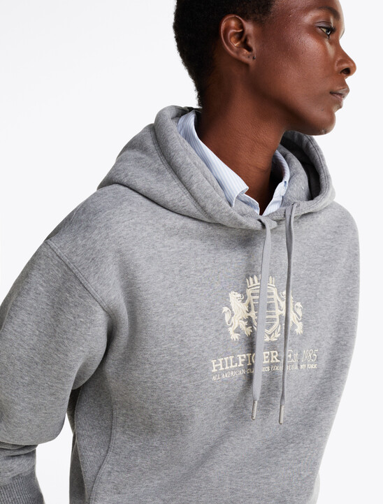 Logo Embroidery Drawstring Fleece Hoody, Mid Grey Heather Logo Embroidery Drawstring Fleece Hoody