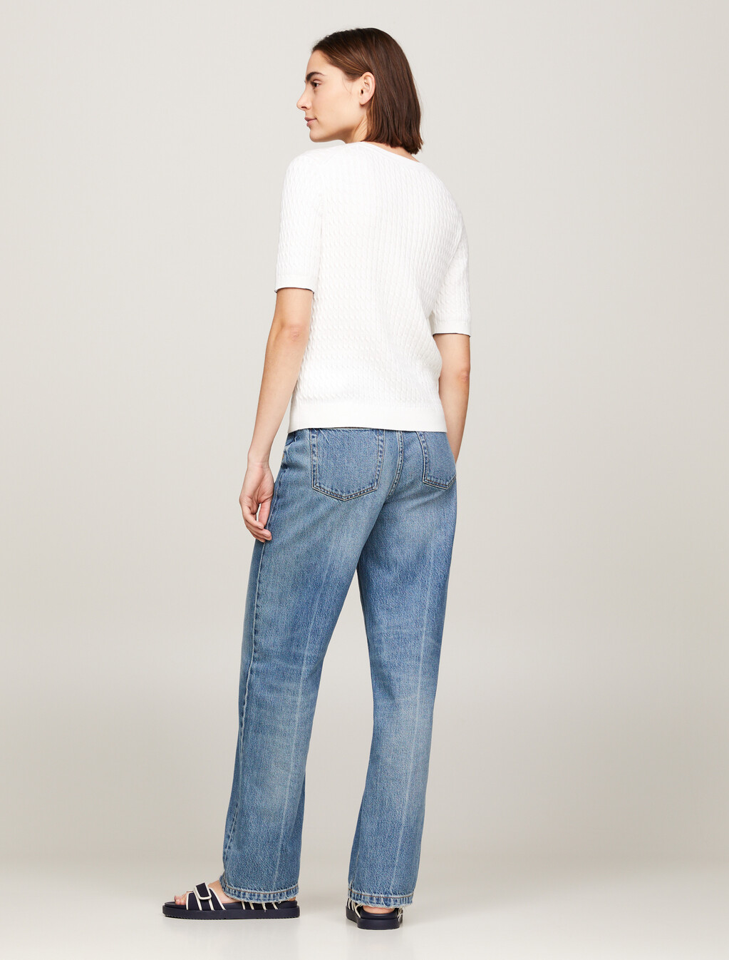 Stripe Slim Fit Short Sleeve Jumper, Ecru, hi-res