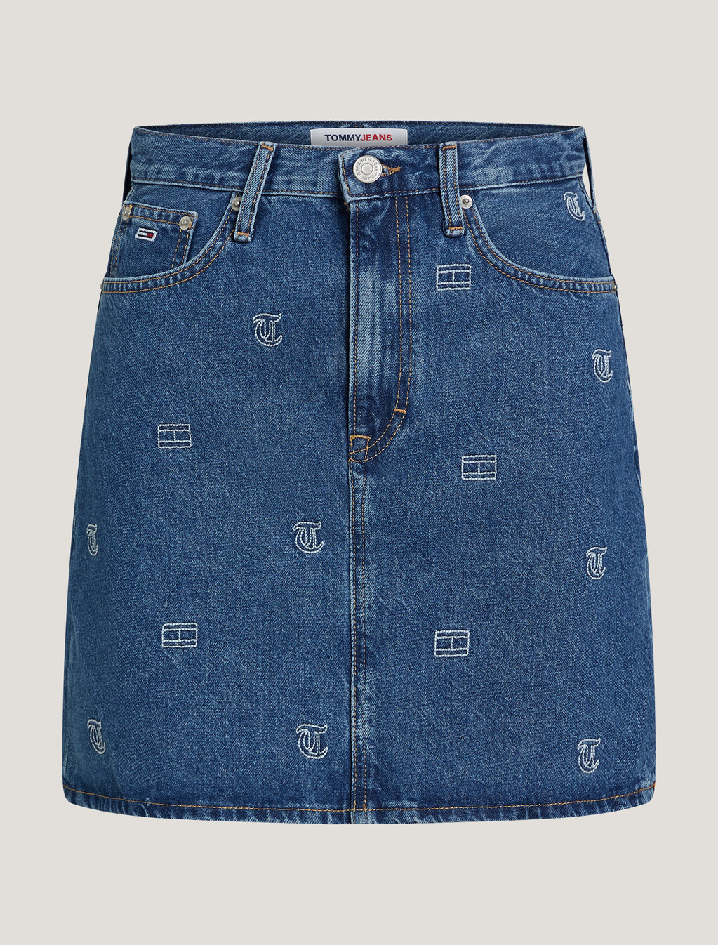 Embroidered Logo Ultra-High Rise Mom Skirt, Denim Medium, hi-res