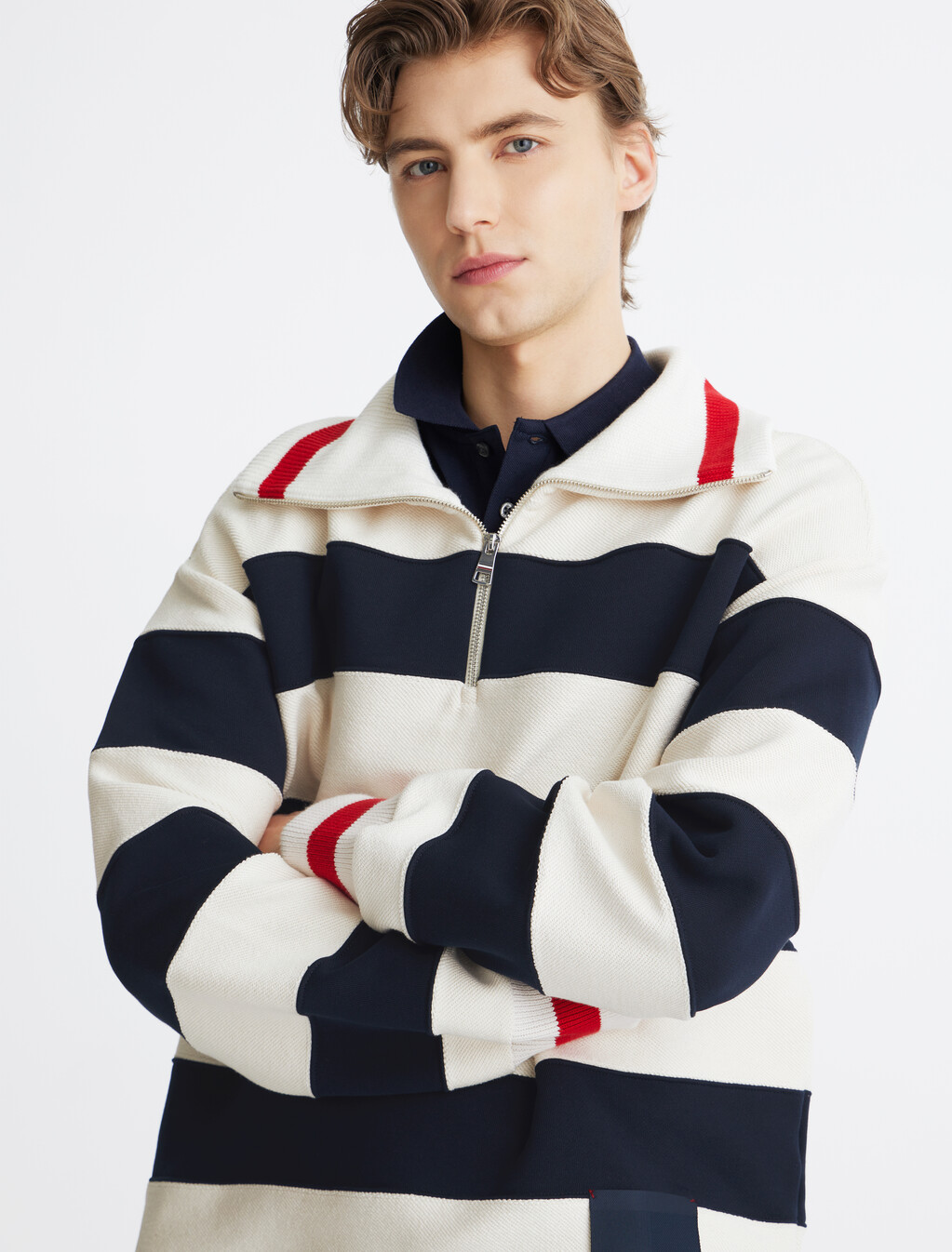 Breton Stripe Half Zip Rugby Shirt, Desert Sky/Ivory Petal, hi-res