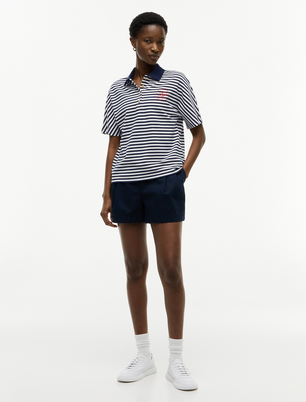 Regular Fit Gold-Tone Button Polo Shirt, Breton Stripe Dark Night Navy/Ecru, hi-res