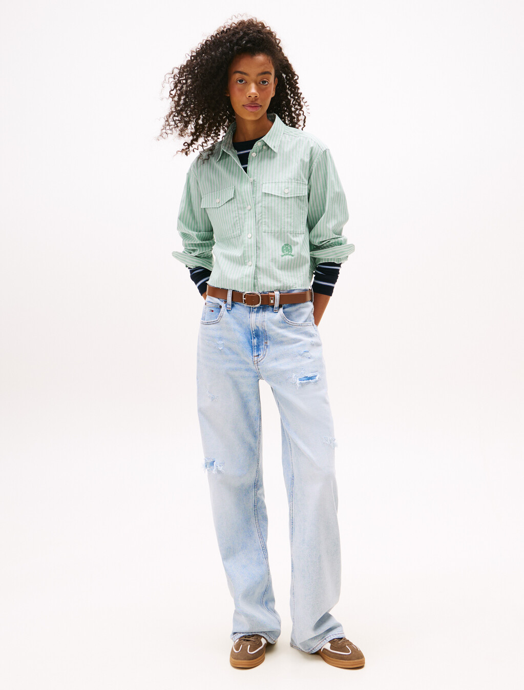 Crest Embroidery Relaxed Fit Cropped Shirt, Cloudy Jade, hi-res