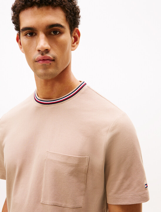 Stripe Trim Cotton Pique Pocket T-Shirt