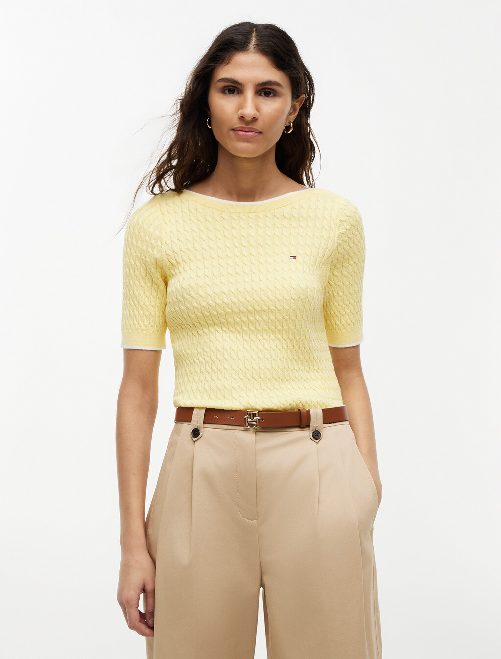 Cable Knit Boat Neck Short Sleeve Jumper, Citronella, hi-res