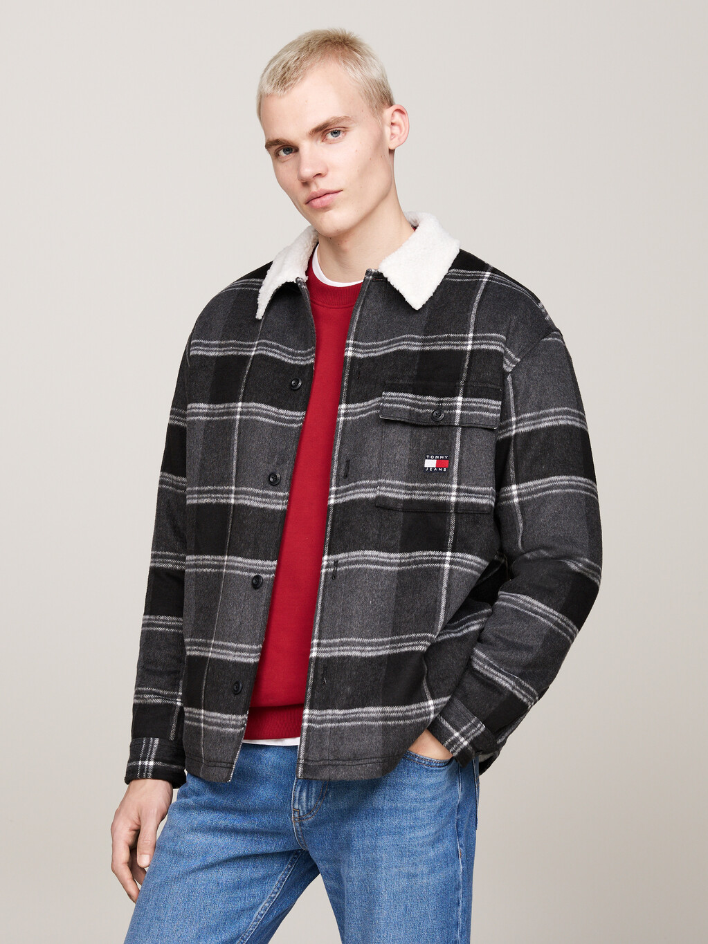 Sherpa Collar Check Casual Overshirt, Black Check, hi-res