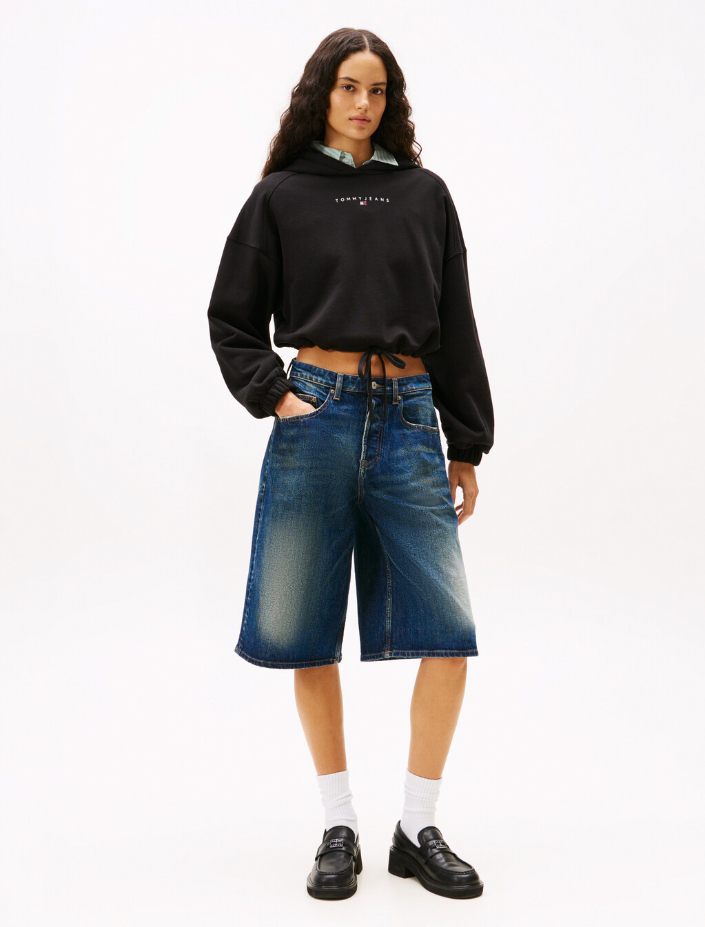 Cropped Rhinestone Logo Hoodie, Black, hi-res