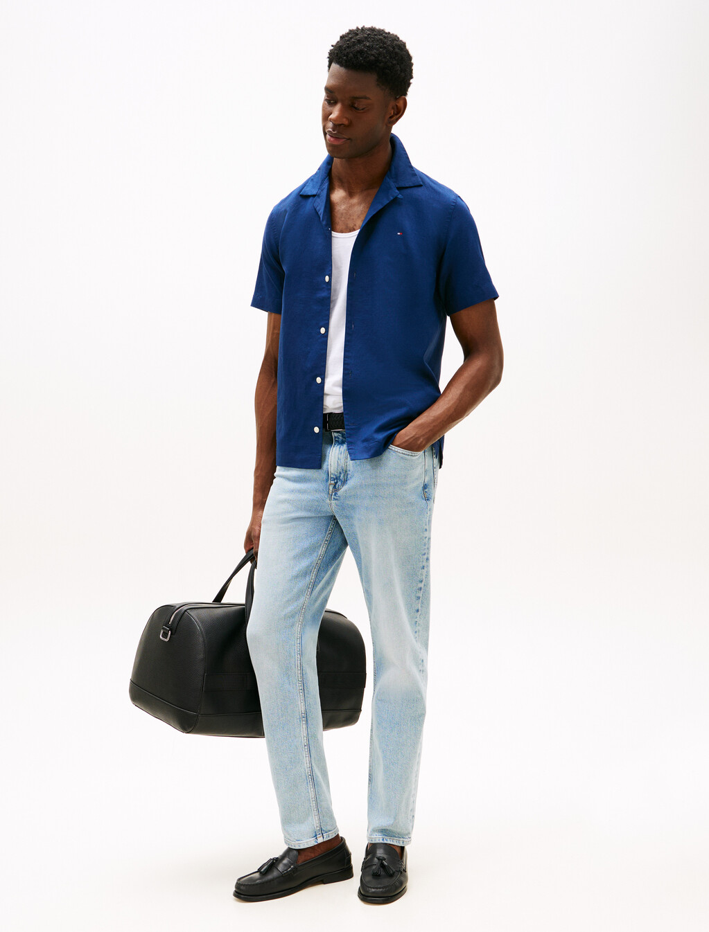 Linen Blend Short Sleeve Shirt, Carbon Navy, hi-res