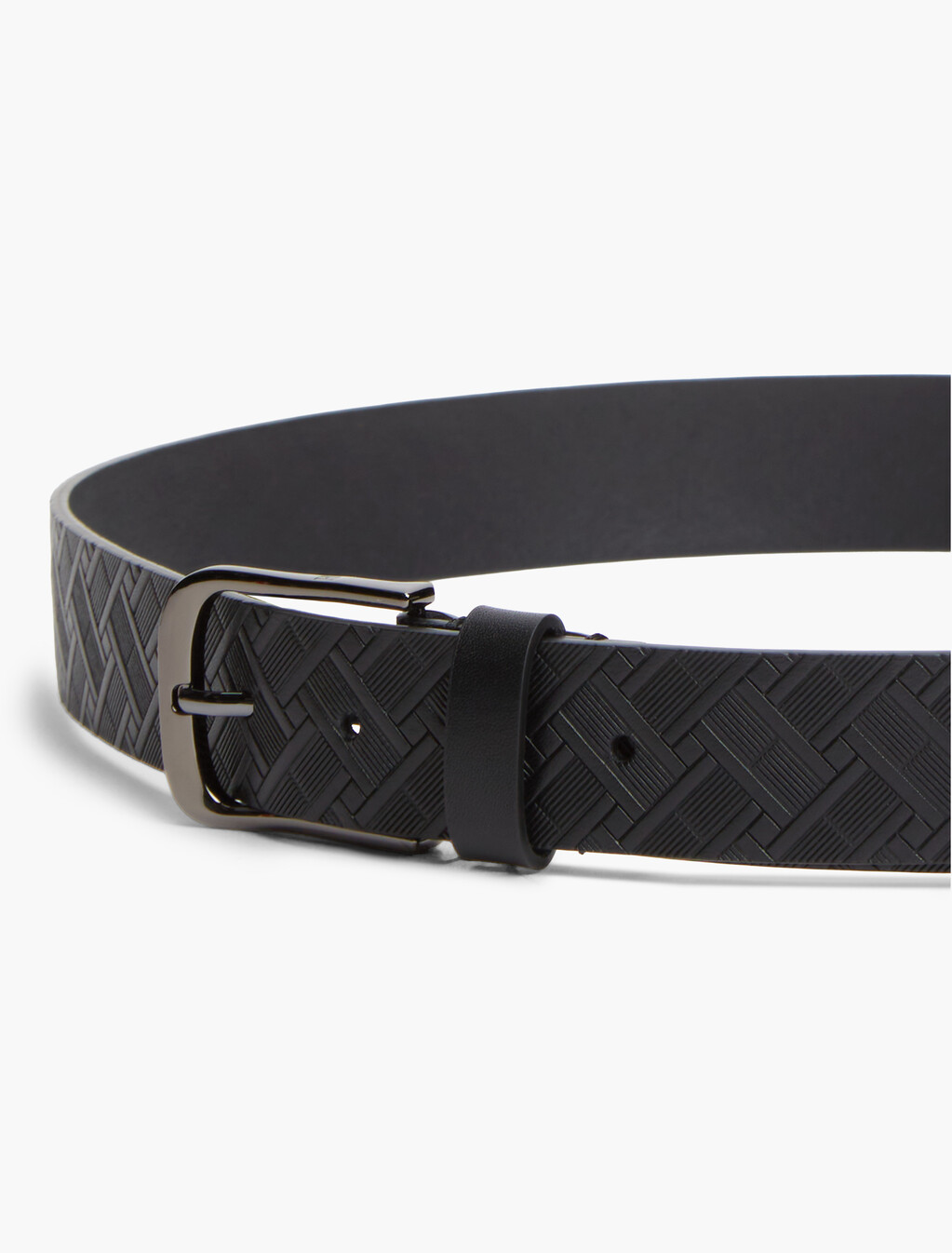 Flag Embossed Square Buckle Leather Belt, Black, hi-res