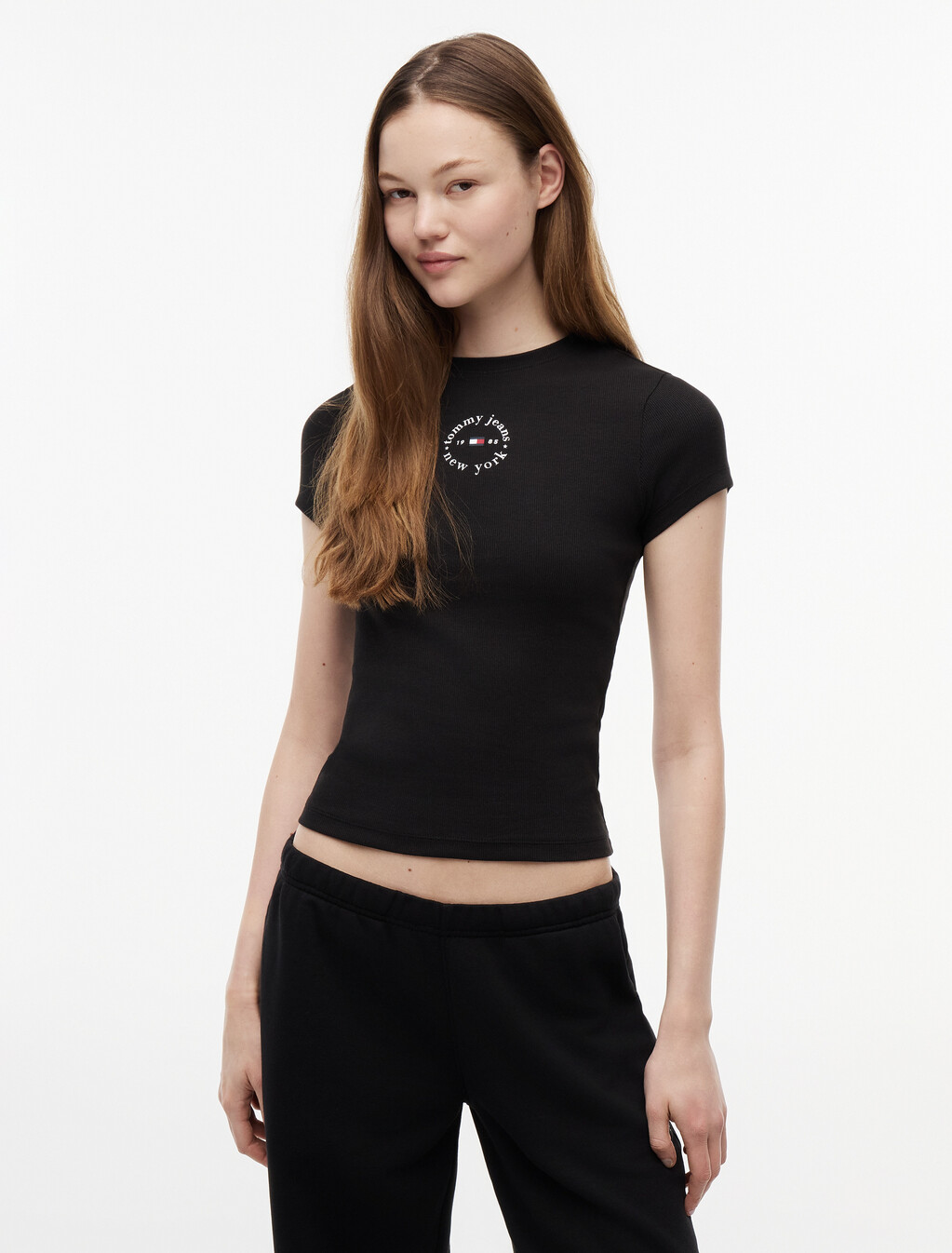 Essential Logo Slim Rib Knit T-Shirt, Black, hi-res
