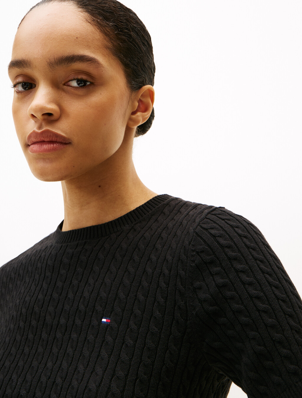 Cable Knit Short Sleeve Sweater, Black, hi-res