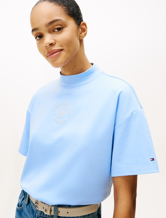 Stamp Print Relaxed Mock Neck T-Shirt