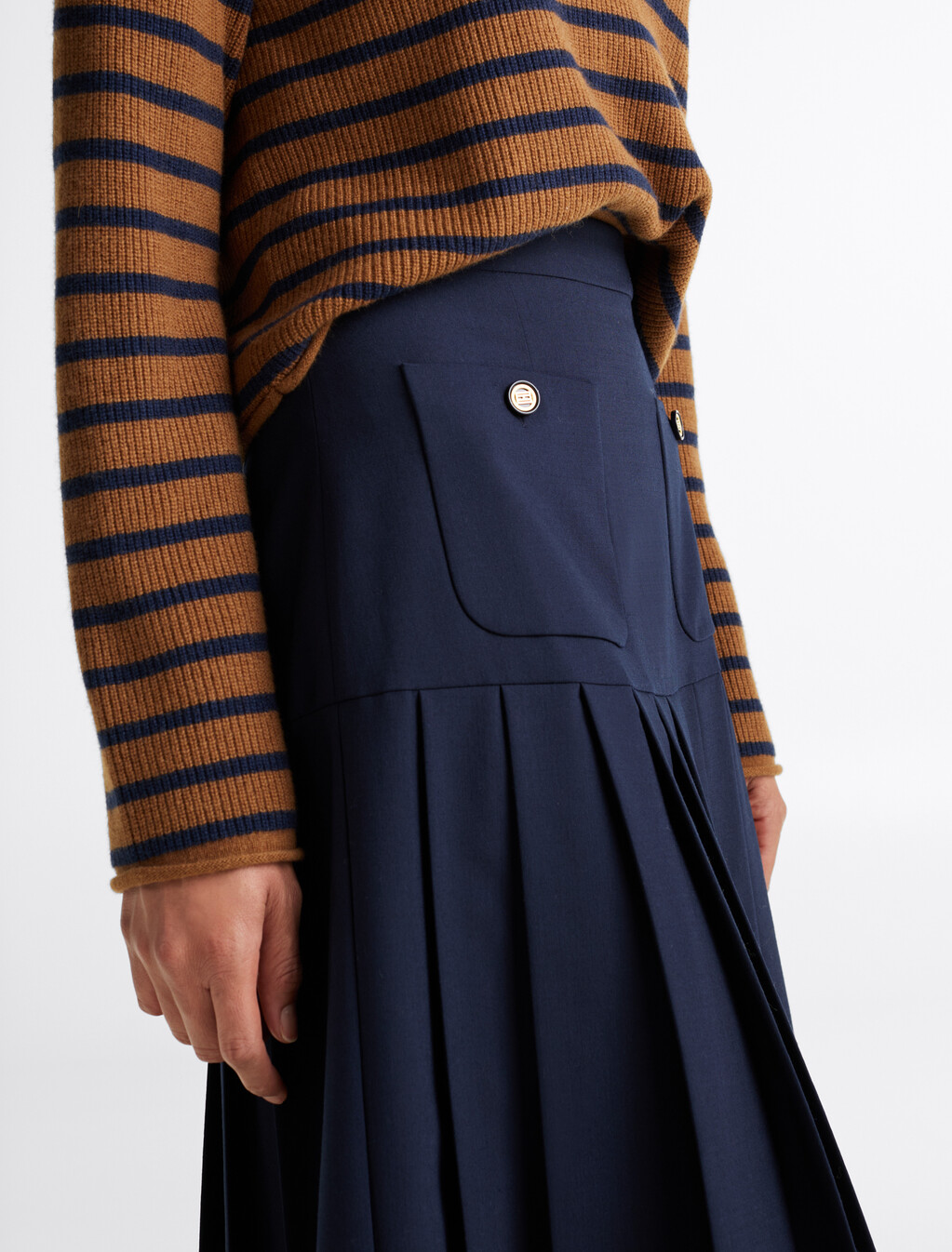 Wool Blend Pleated Midi Skirt, Dark Night Navy, hi-res